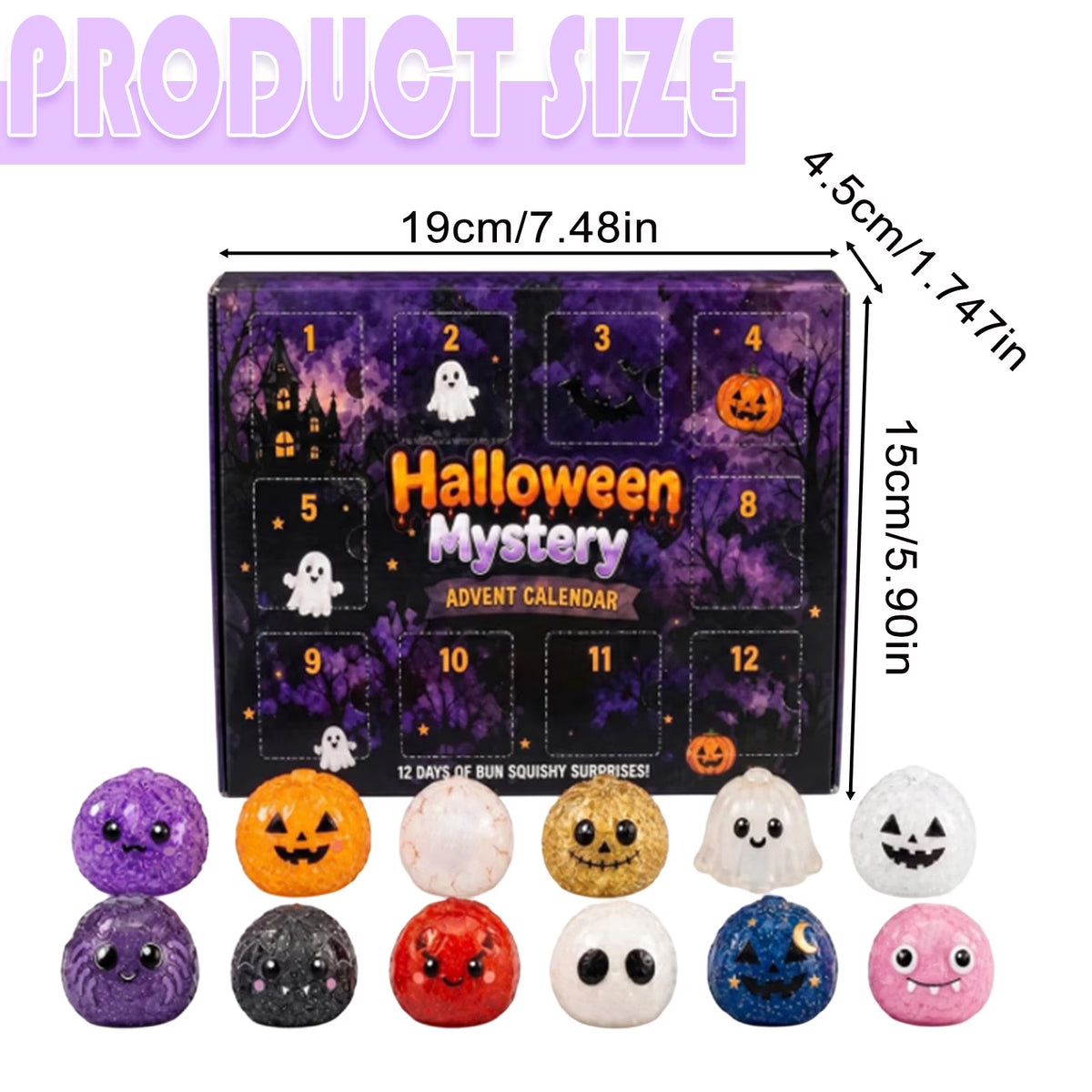 Crazy Fun RMS Halloween Dumpling Squishies Toys - Halloween Mystery Advent Calendar, 12 Days of Spooky Bao Bun Squishiesies Surprises with Glitter Fun, Stress Relief Toys for Adults
