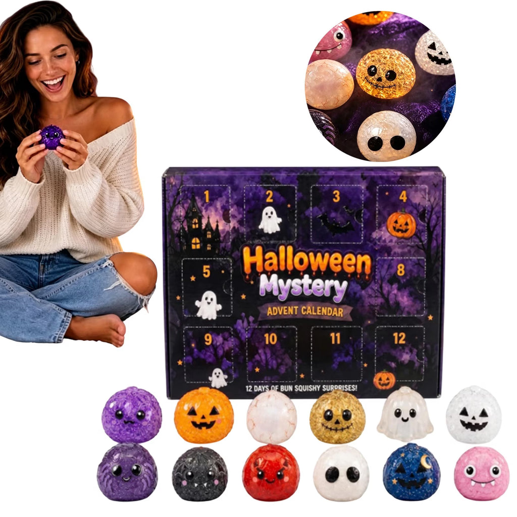 Crazy Fun RMS Halloween Dumpling Squishies Toys - Halloween Mystery Advent Calendar, 12 Days of Spooky Bao Bun Squishiesies Surprises with Glitter Fun, Stress Relief Toys for Adults