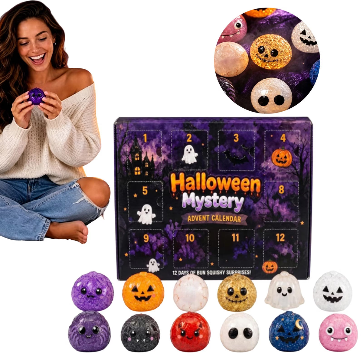 Crazy Fun RMS Halloween Dumpling Squishies Toys - Halloween Mystery Advent Calendar, 12 Days of Spooky Bao Bun Squishiesies Surprises with Glitter Fun, Stress Relief Toys for Adults