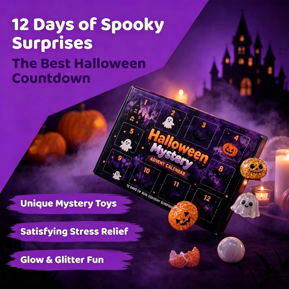 Crazy Fun RMS Halloween Dumpling Squishies Toys - Halloween Mystery Advent Calendar, 12 Days of Spooky Bao Bun Squishiesies Surprises with Glitter Fun, Stress Relief Toys for Adults