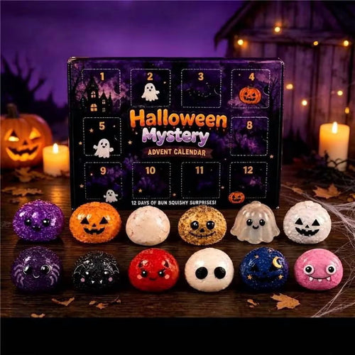 Crazy Fun RMS Halloween Dumpling Squishies Toys - Halloween Mystery Advent Calendar, 12 Days of Spooky Bao Bun Squishiesies Surprises with Glitter Fun, Stress Relief Toys for Adults